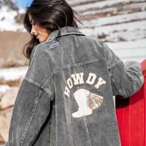 Altar’d State Corduroy Distressed Embellished “Howdy” Jacket Shirt